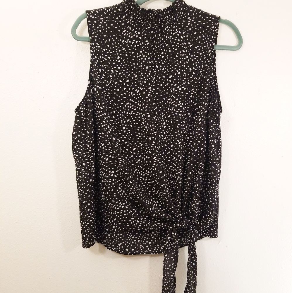 Peace and Pearls, black and white polka dot patterned tie front detail blouse